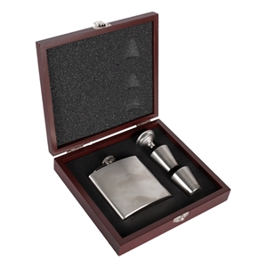Stainless Steel Hip Flask, 6oz. Includes Wooden Gift Box, Funnel & 2 Cups