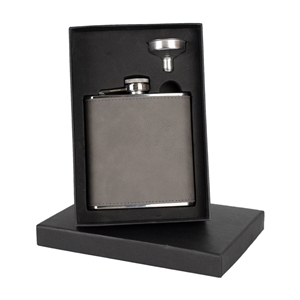 Stainless Steel Hip Flask, Grey PU, 6oz. Includes Gift Box & Funnel