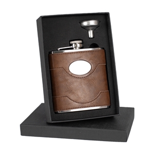 Stainless Steel Hip Flask, Tan Leather, 6oz. Includes Gift Box & Funnel