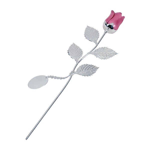 Silver Plated Rose With Pink Bud And Oval Engraving Tag