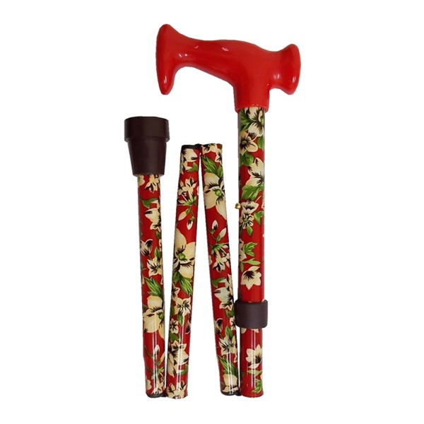 Four Fold Walking Stick Red Green Floral-Red Escort Handle