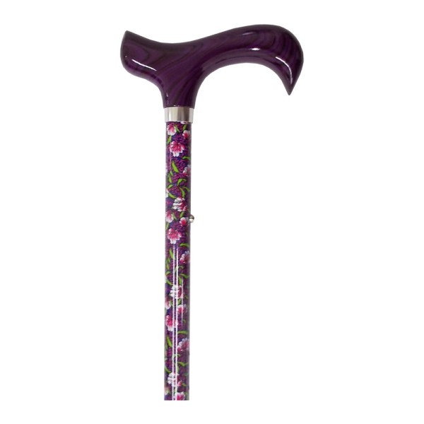 Adjustable Walking Stick Purple Morris Floral With Purple Grain Covered Wood Derby Handle