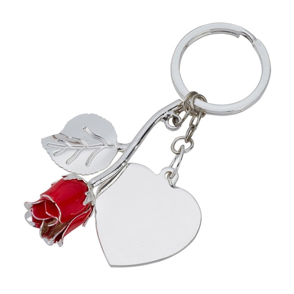 Silver Plated Red Rose Keyring and Heart Engraving Tag