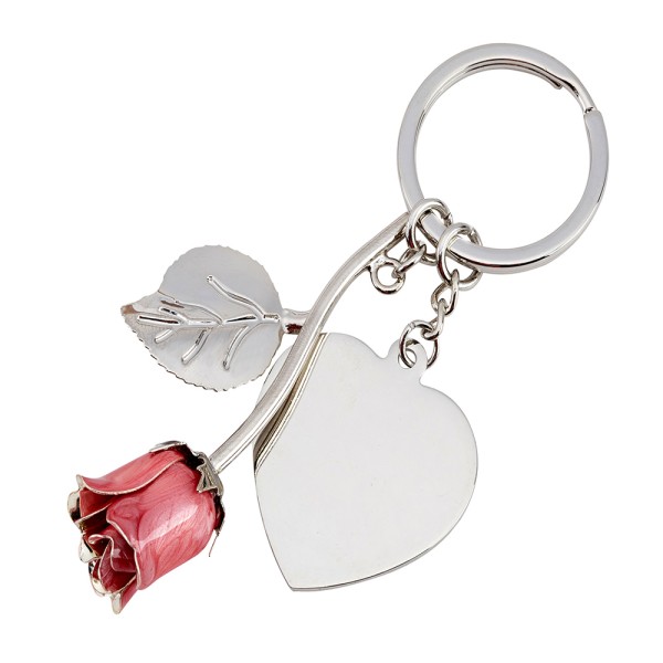 Silver Plated Pink Rose Keyring and Heart Engraving Tag
