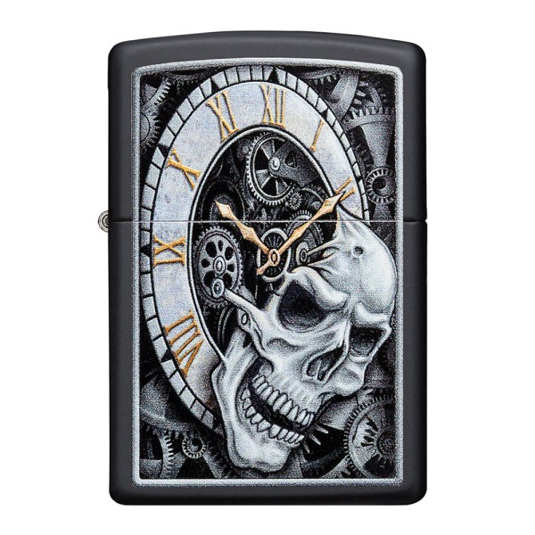 Zippo Lighter Black Matte, Skull Clock Design