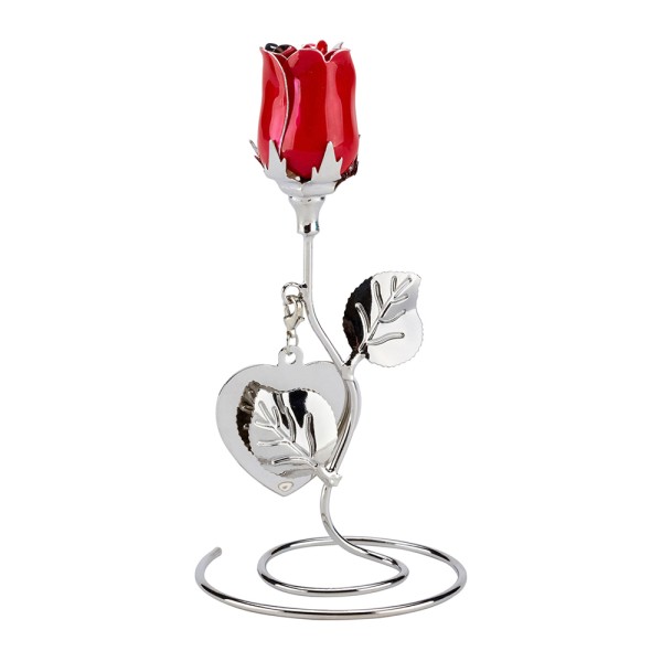 Silver Plated Rose with Red Bud and Heart Engraving Tag Free Standing