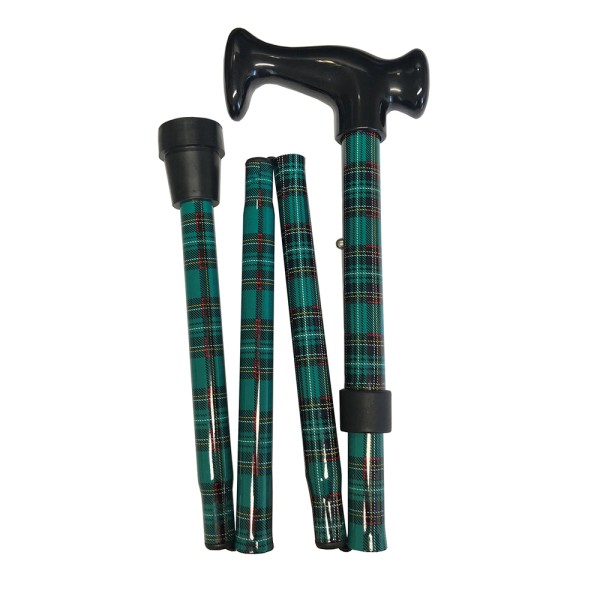 Four Fold Walking Stick Green Tartan with Black  Escort Handle