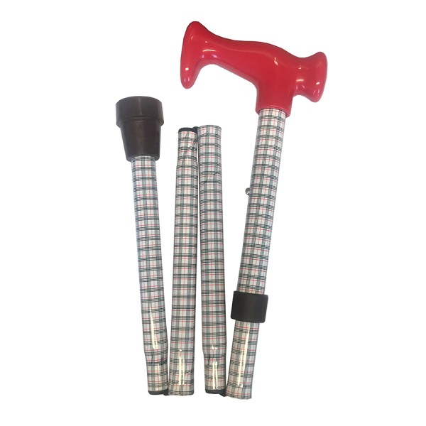 Four Fold Walking Stick Red Black Check with Red Escort Handle