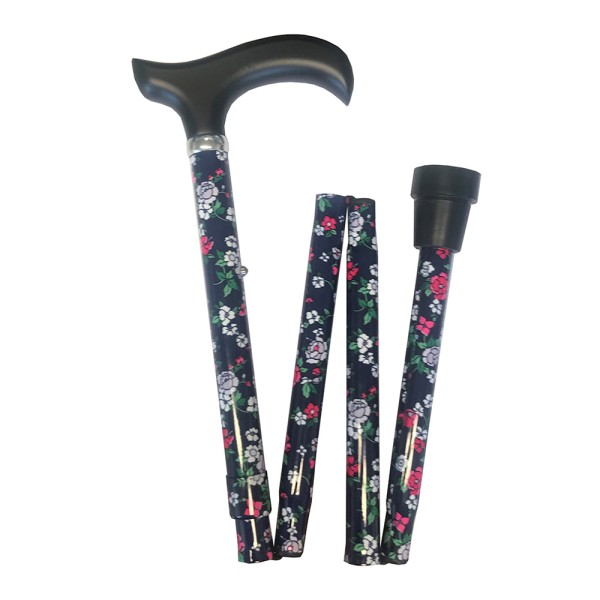 Four Fold Walking Stick Red & White Flowers with Black Derby Handle