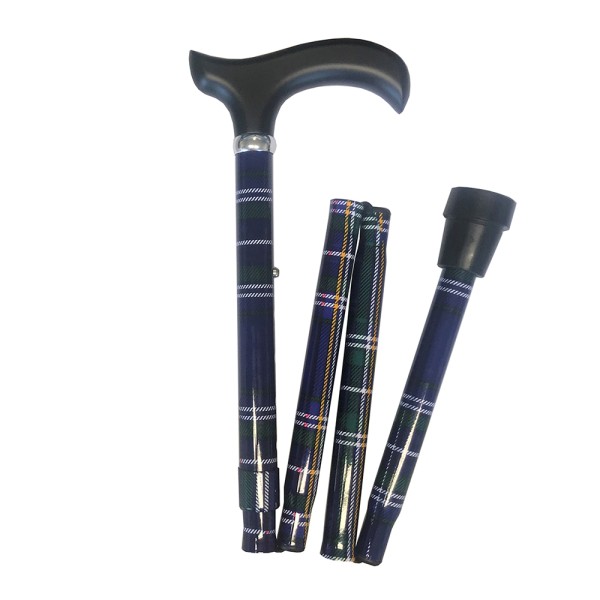 Four Fold Walking Stick Navy Blue Tartan with Black Derby Handle