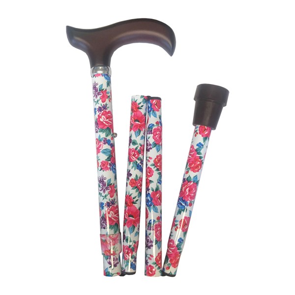 Four Fold Walking Stick Red Flower with Brown Derby Handle