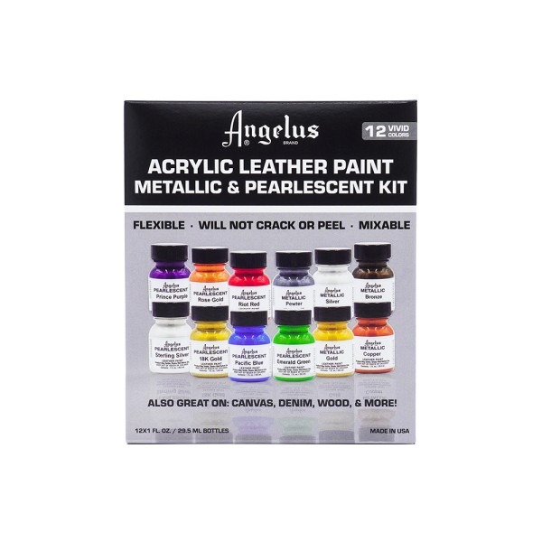 Angelus Acrylic Paint Metallic/Pearlescent Kit Box inc 12 x 1 fl oz/30ml Bottles
