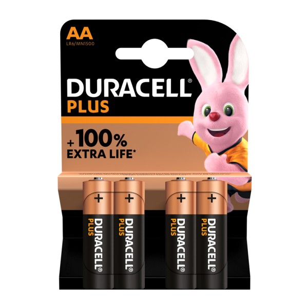 Duracell Plus, 100% Extra Life Batteries AA (Pack of 4)