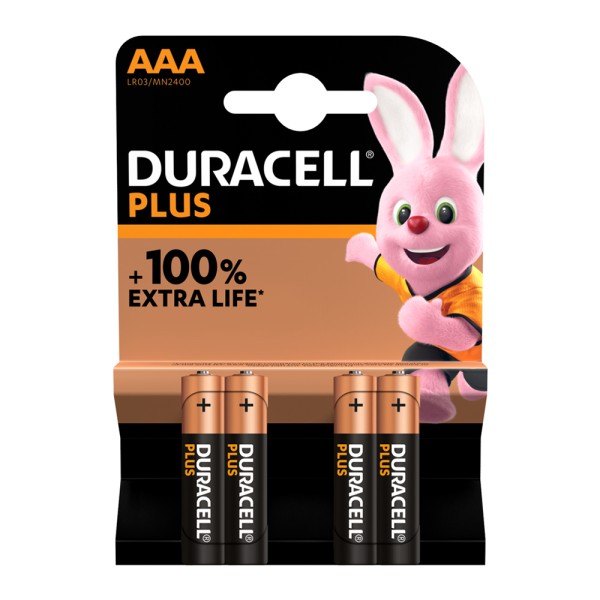Duracell Plus, 100% Extra Life Batteries AAA (Pack of 4)