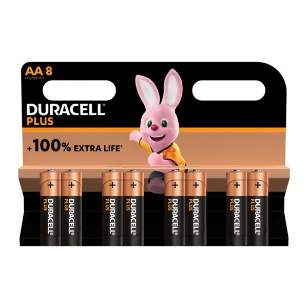 Duracell Plus, 100% Extra Life Batteries AA (Pack of 8)