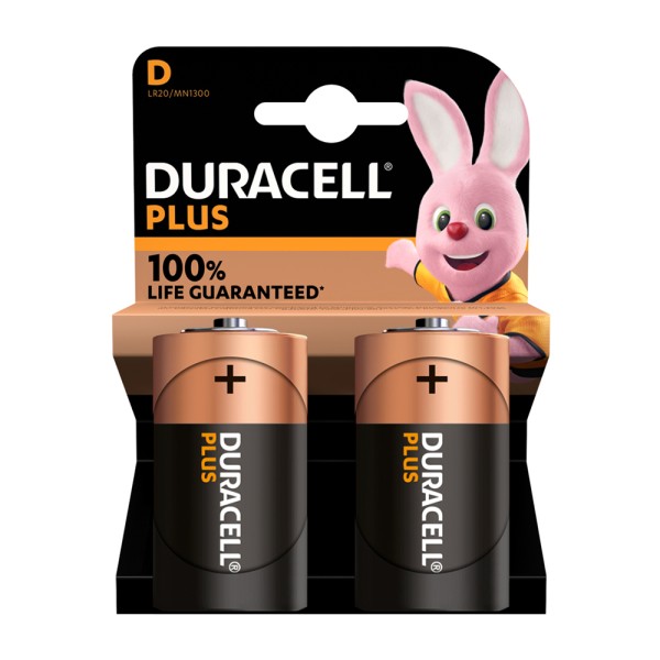 Duracell Plus, 100% Extra Life Batteries D (Pack of 2)