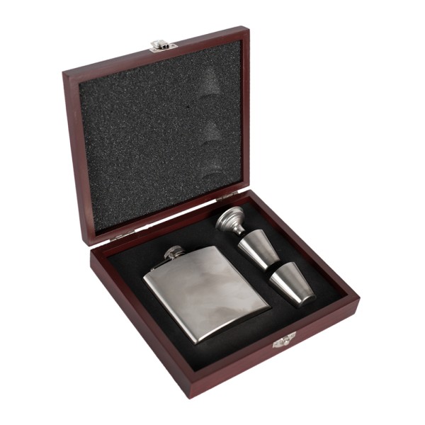 Stainless Steel Hip Flask 6oz Includes Wooden Gift Box Funnel & 2 Cups