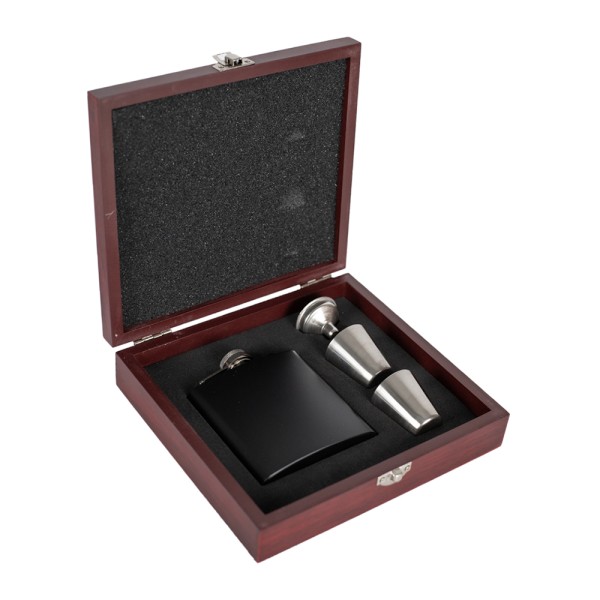 Stainless Steel Hip Flask Black Finish 6oz Includes Wooden Gift Box Funnel & 2 Cups