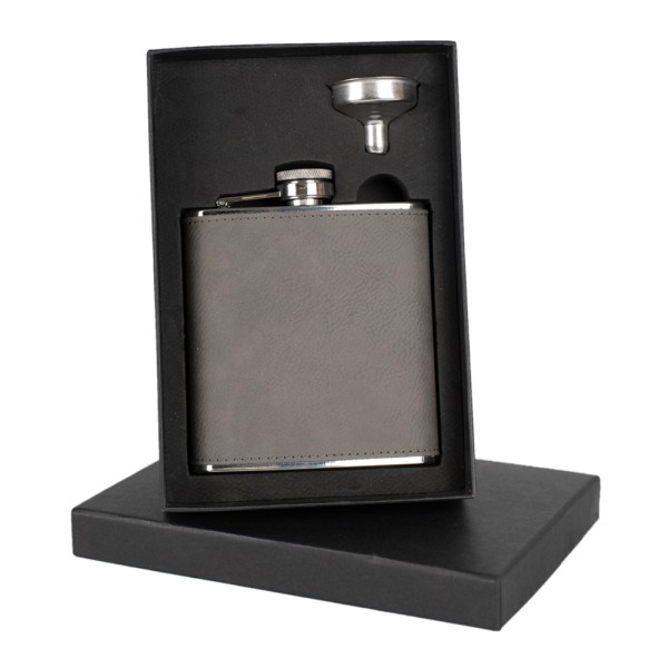 Stainless Steel Hip Flask Grey PU 6oz Includes Gift Box & Funnel