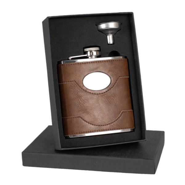 Stainless Steel Hip Flask Tan Leather 6oz Includes Gift Box & Funnel