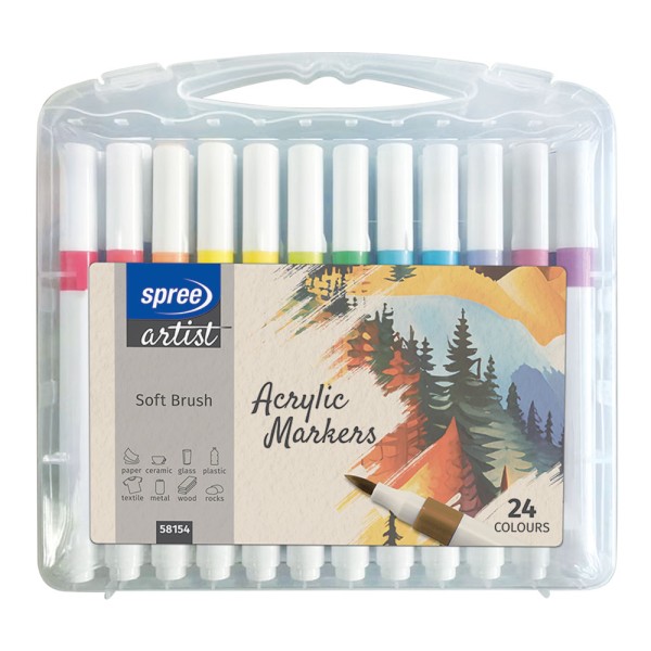 Spree Acrylic Pens Brush Tip 24 Colour Set in Easy Carry Case