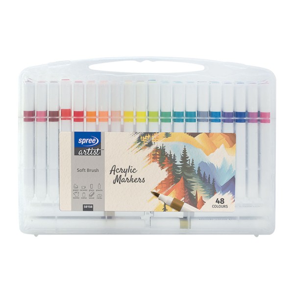 Spree Acrylic Pens Brush Tip 48 Colour Set in Easy Carry Case
