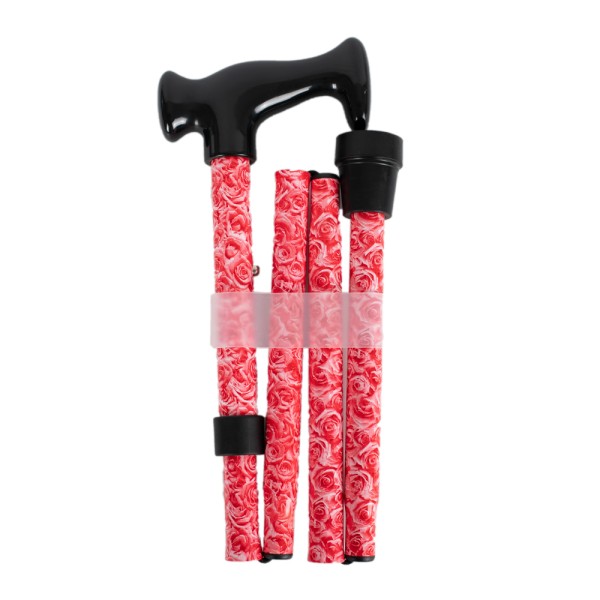 Four Fold Walking Stick Pink Roses Pattern Black Escort Handle