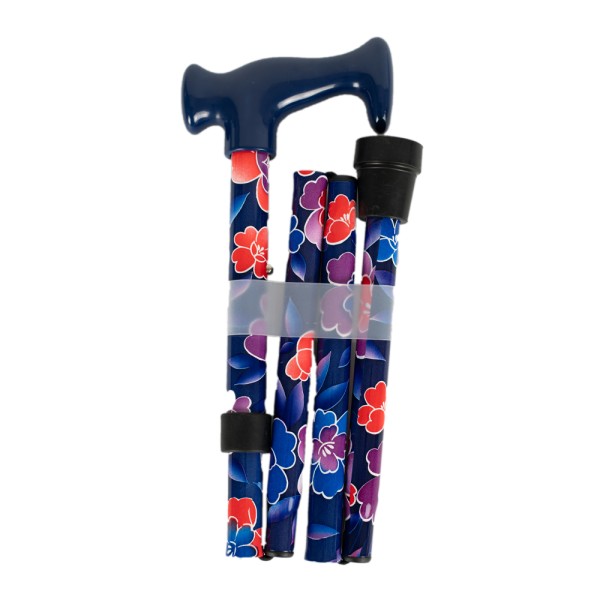 Four Fold Walking Stick Bright Flowers on Blue Background Blue Escort Handle
