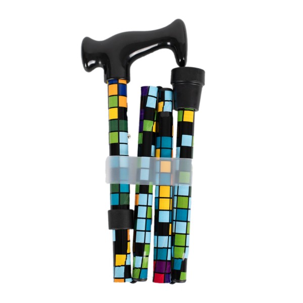 Four Fold Walking Stick Checker Multi Coloured Pattern Black Escort Handle