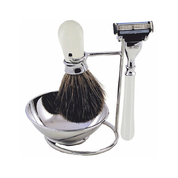 White 3 Piece Shaving Set On Stand Includes Badger Brush